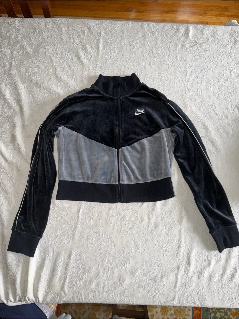 Nike Retro Two-Tone Black and Gray Velour Zip-Up Bomber Jacket